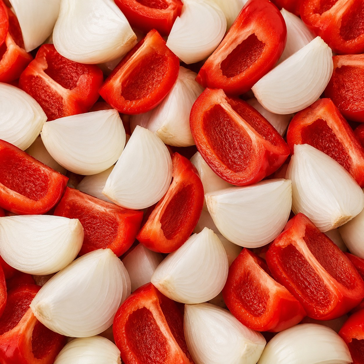 White Onions & Red Bell Peppers Quartered
